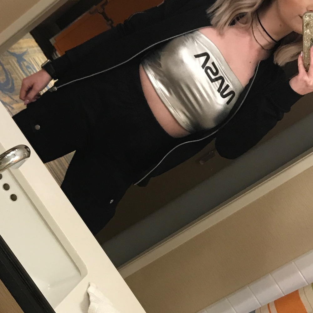 Silver nasa strapless top